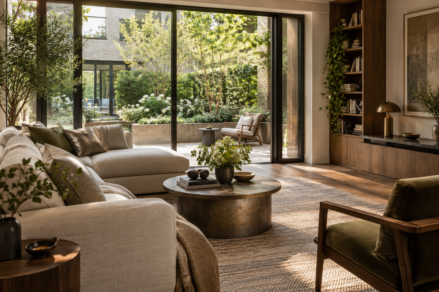 A refined contemporary living room opening onto a landscaped courtyard