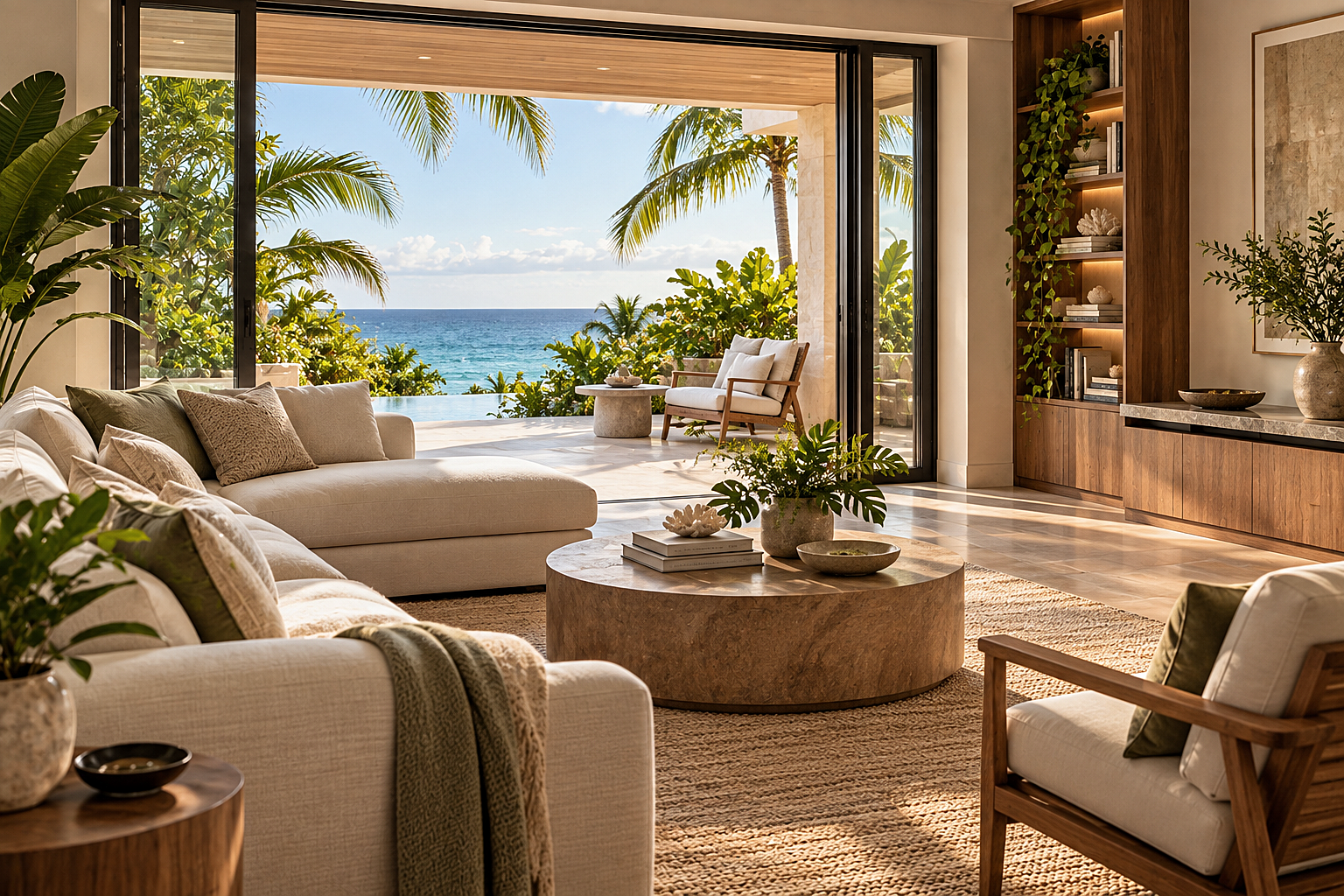 A tropical living room opening onto a terrace with ocean views