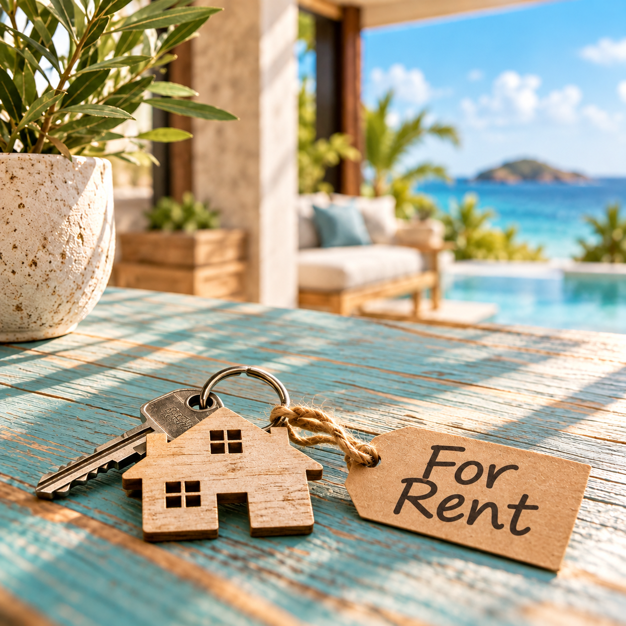 Villa keys on a table overlooking the coast
